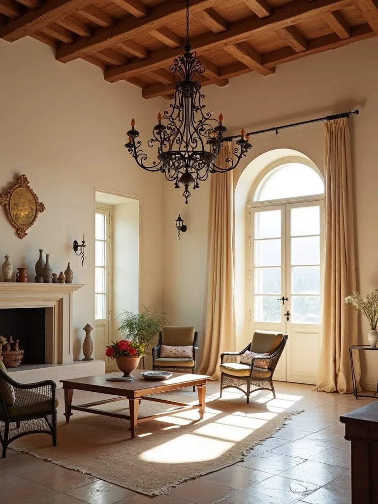 Cozy living room featuring a large wrought iron chandelier casting intricate shadows