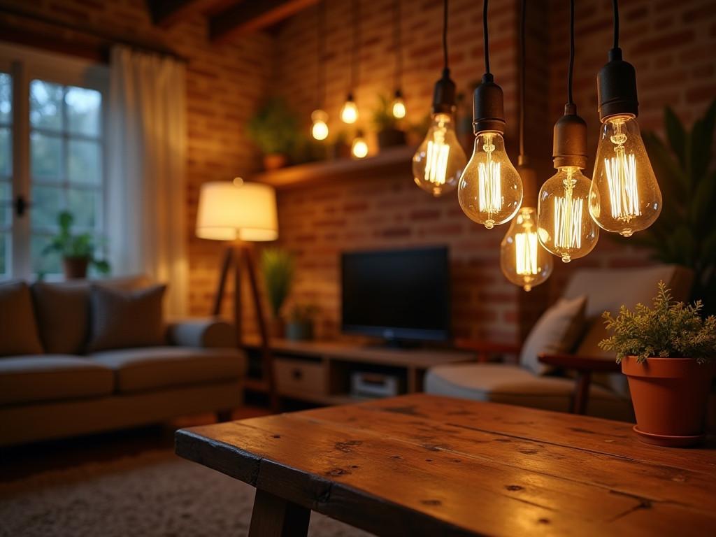 Cozy living room with hanging LED Edison bulbs and eco friendly furniture