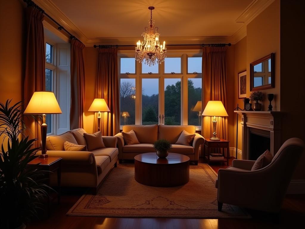 Cozy living room with layered lighting from various sources