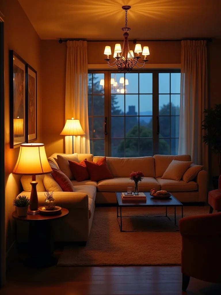 Cozy living room with layered lighting from various sources