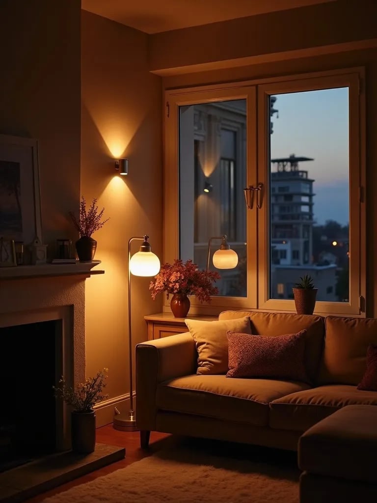 Cozy living room with multiple light sources creating a warm ambiance
