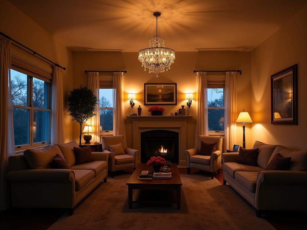 Cozy living room with multiple light sources creating warm ambiance