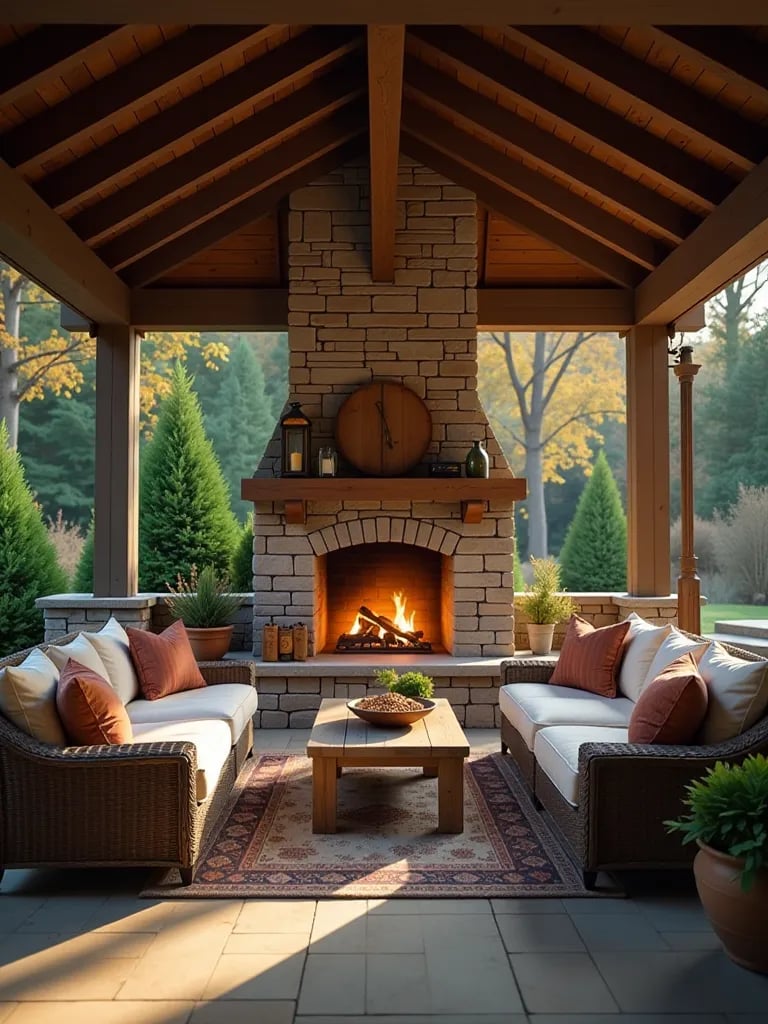 Cozy outdoor living area with stone fireplace and evergreen surroundings