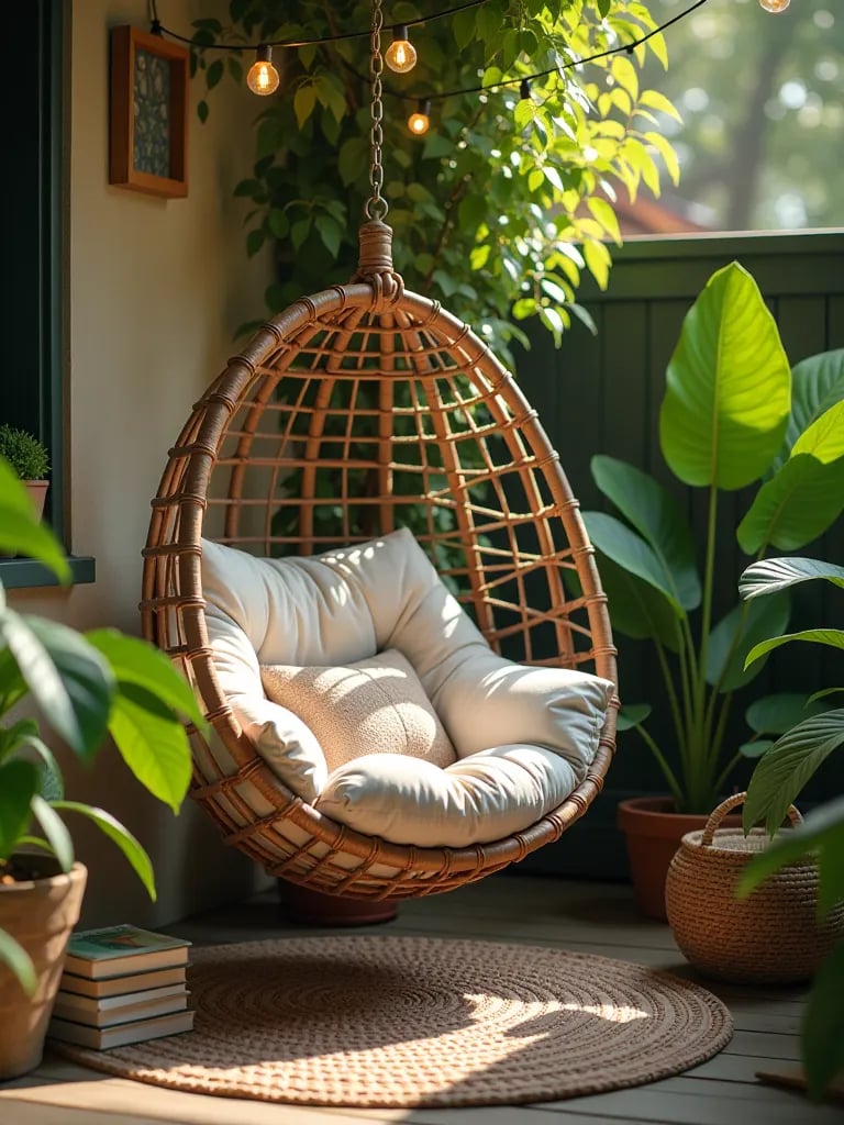 Cozy outdoor reading nook with hanging egg chair and potted plants