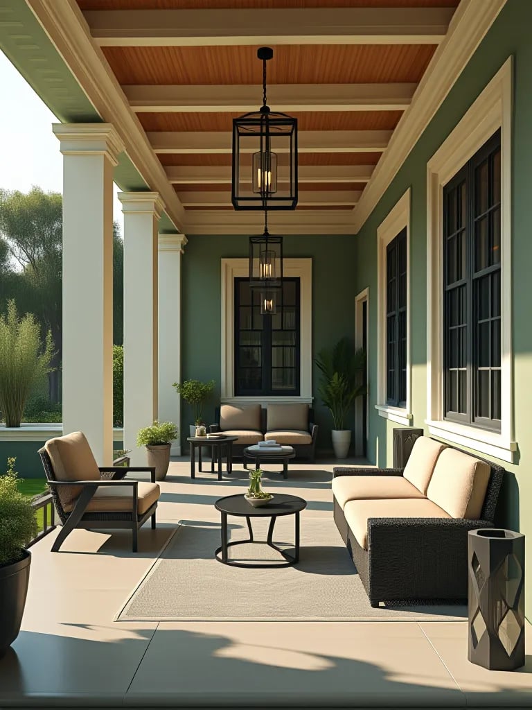 Cozy porch featuring warm terracotta walls and contemporary outdoor furniture