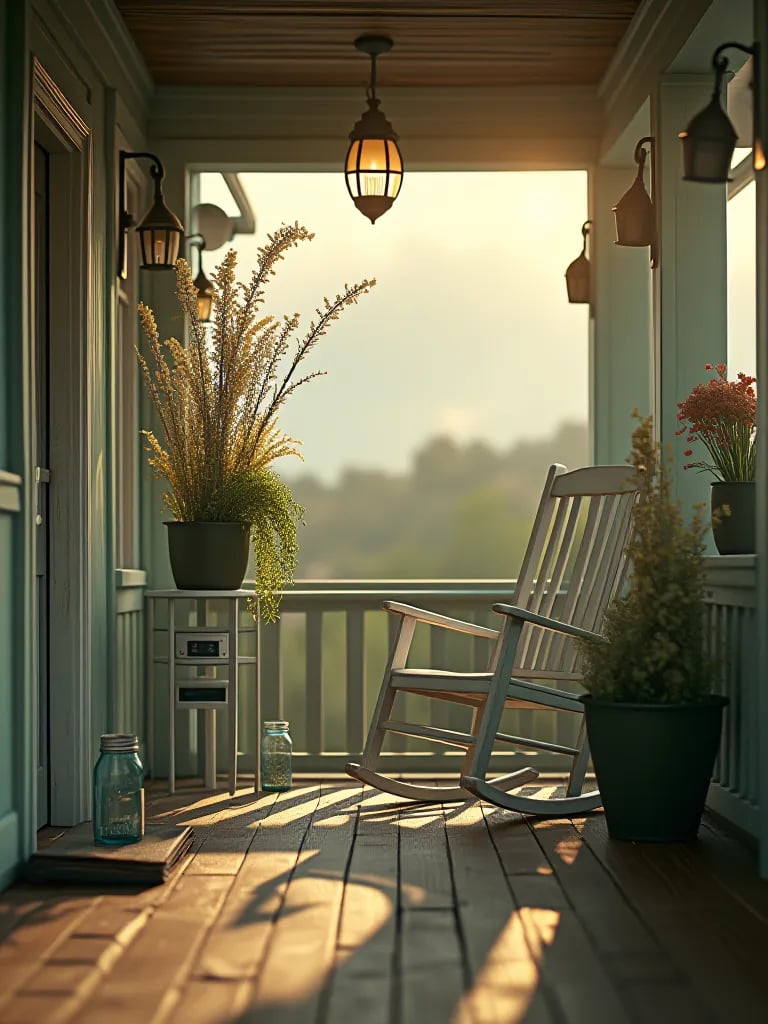Cozy porch with sage green walls, wood floors, and mason jar lanterns in misty dawn light