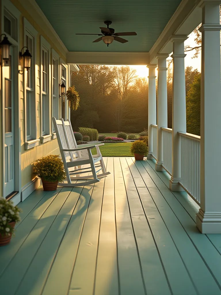 Cozy porch with white furniture and mint green painted floor in warm light