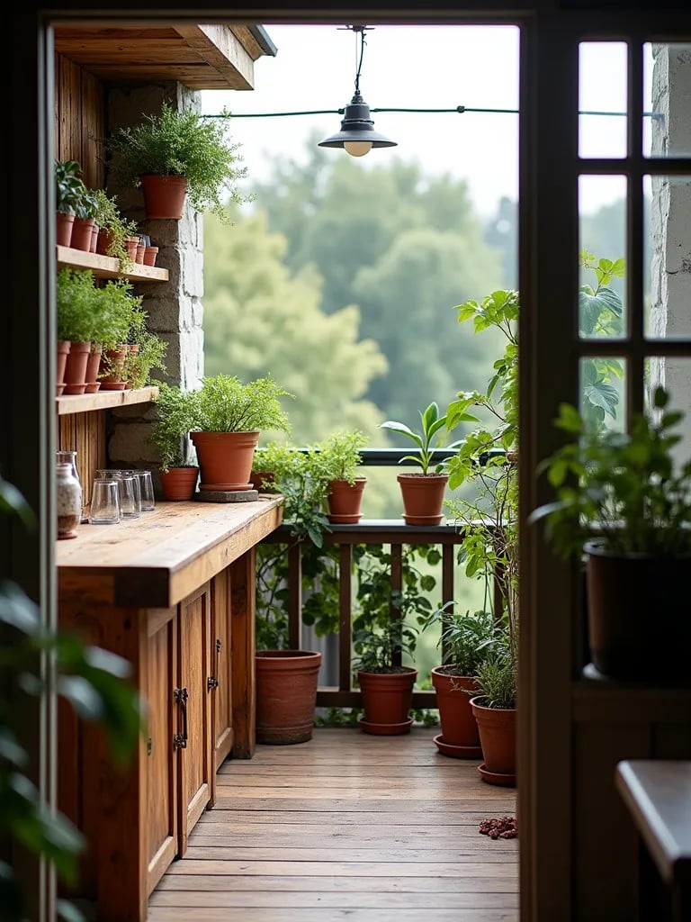 Cozy rustic balcony design with handmade bar and herb garden