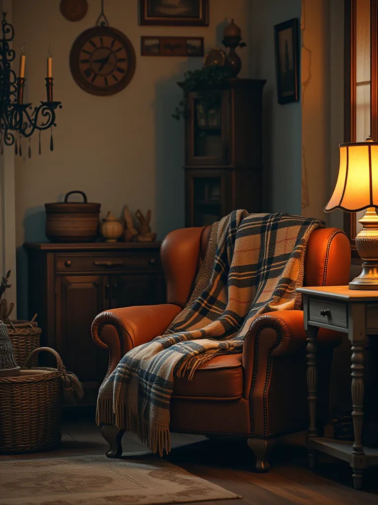 Cozy rustic corner with distressed leather chair, plaid throw, and vintage accents