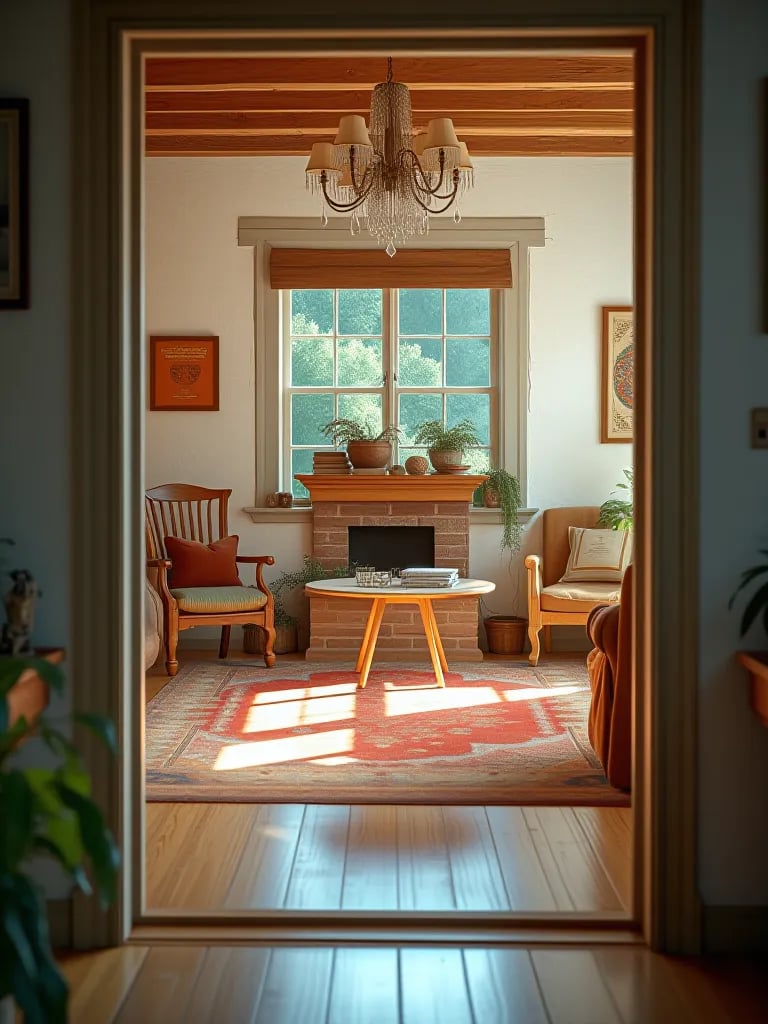 Cozy rustic living room featuring burgundy wall and warm lighting