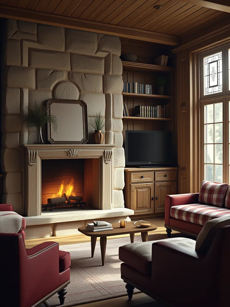 Cozy rustic living room featuring stone fireplace, wooden shelves, and plaid accents