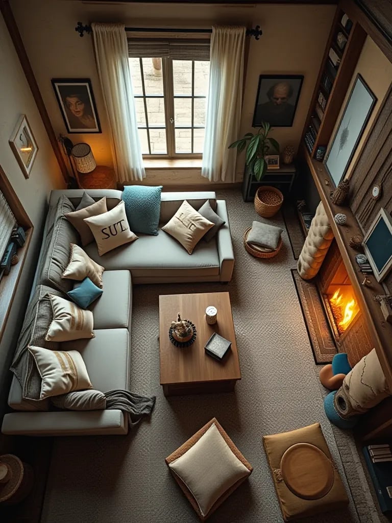 Cozy rustic living room featuring textured walls and space saving elements