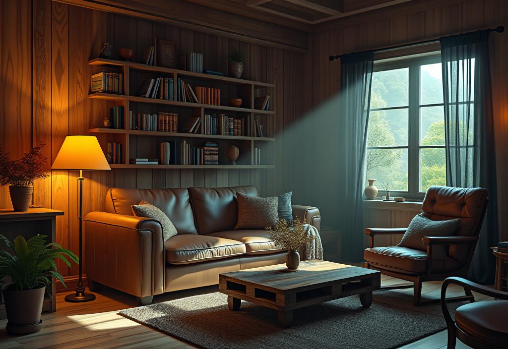 Cozy rustic living room nook with DIY furniture and vintage lighting