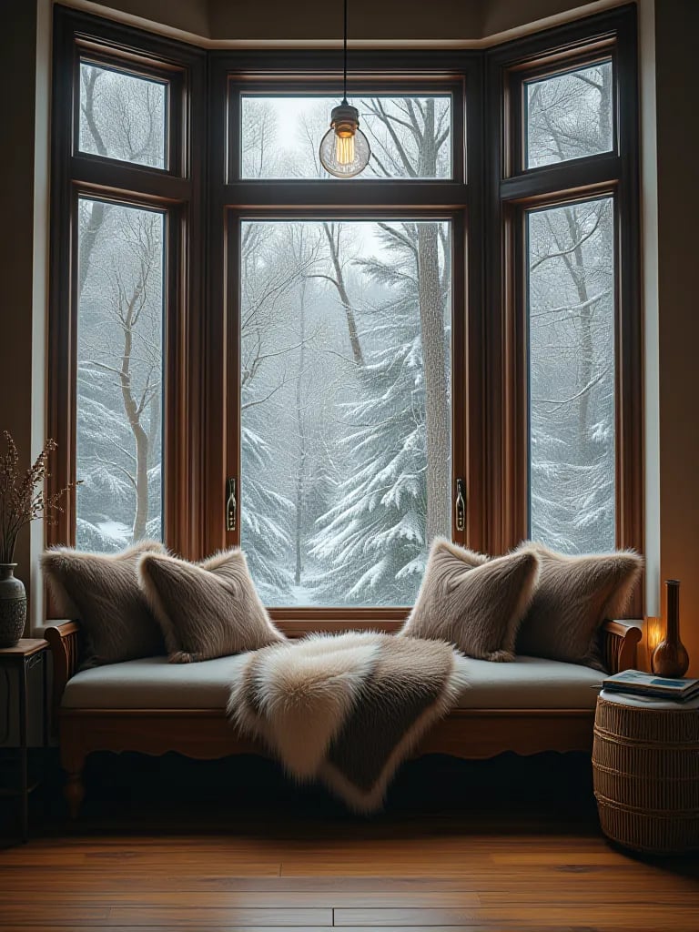 Cozy rustic living room nook with snowy forest view and comfortable seating