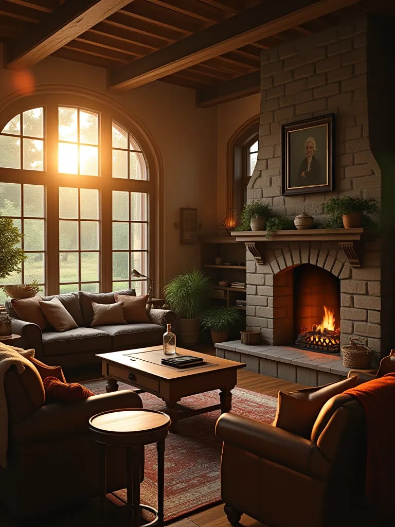Cozy rustic living room with leather furniture and warm sunset light