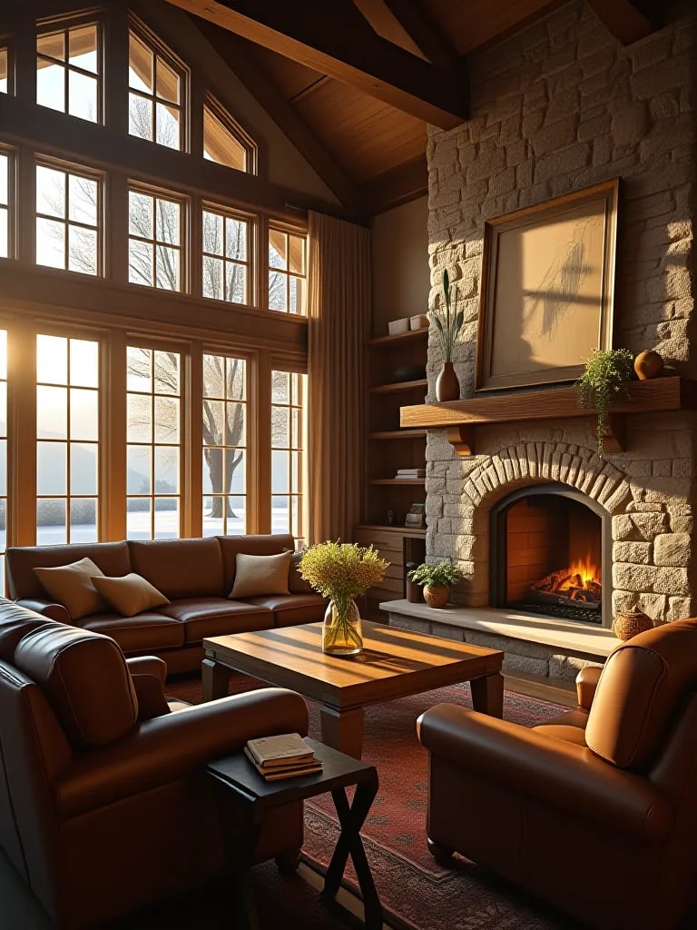 Cozy rustic living room with natural elements and soft furnishings in golden hour light