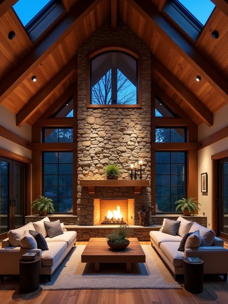 Cozy rustic living space with stone fireplace and high windows letting in light