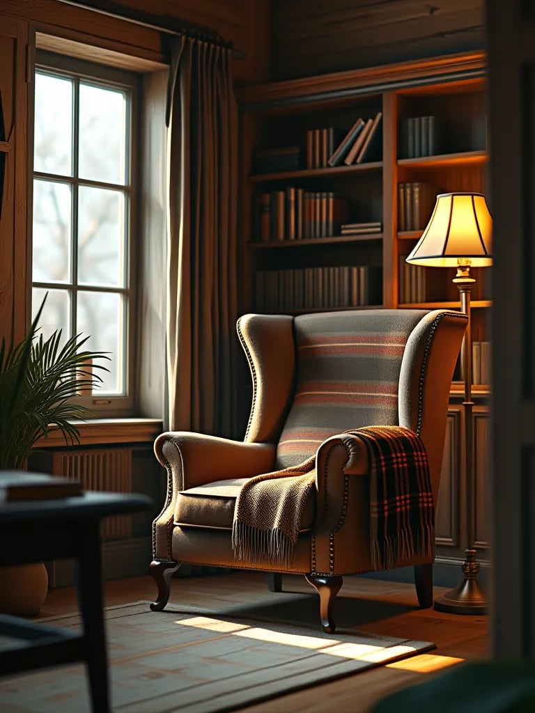 Cozy rustic reading corner with wingback chair and ladder bookshelf