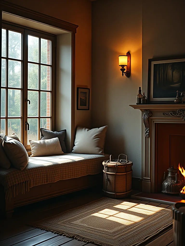 Cozy rustic room with illuminated window seat and jute rug