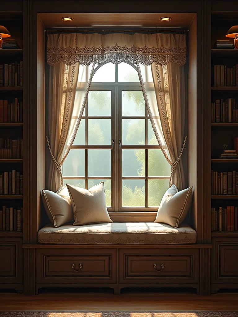 Cozy rustic window alcove with built in shelves and seating in soft morning light