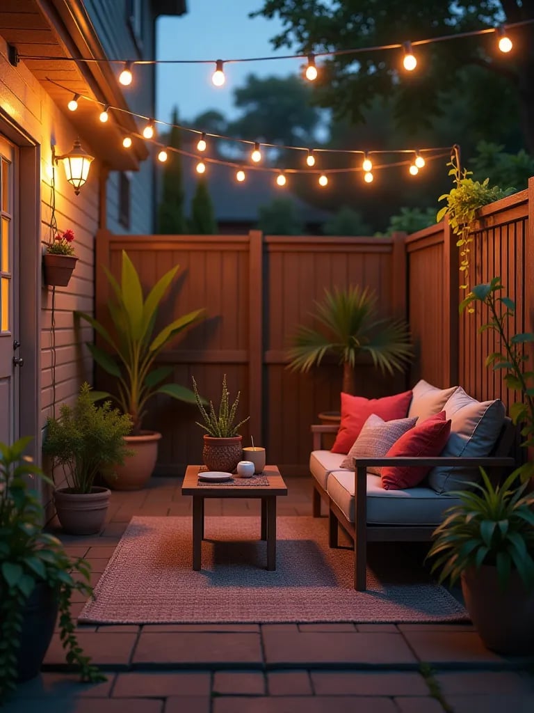 Cozy small backyard patio with string lights and comfortable seating