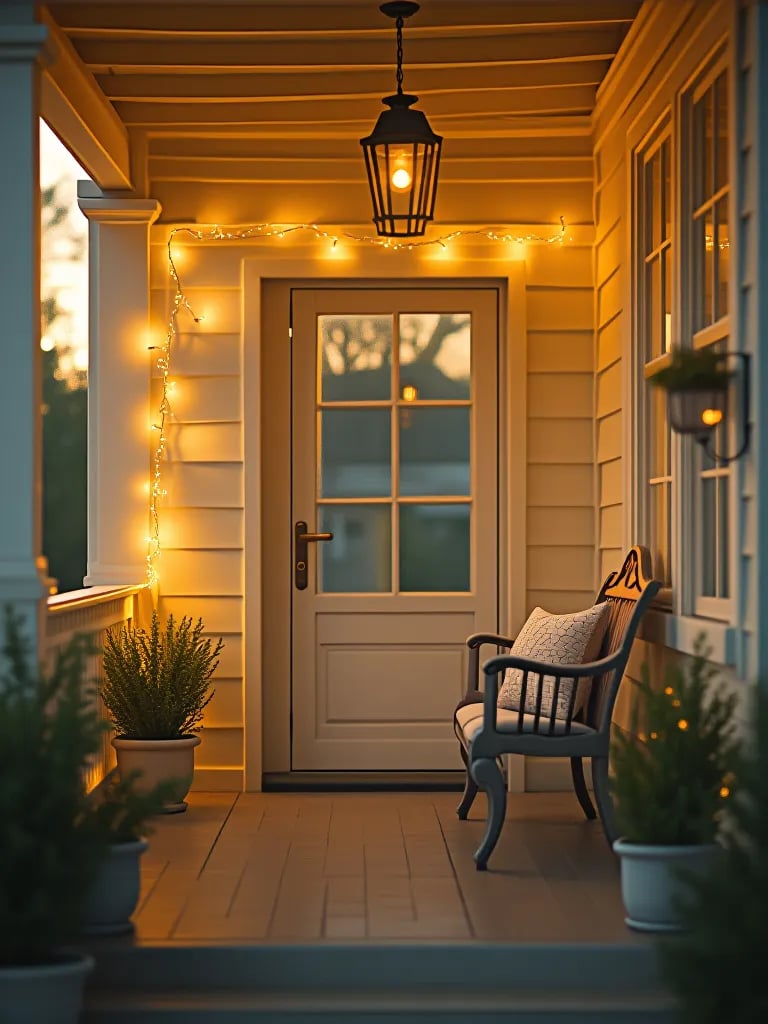 Cozy small porch with yellow walls and gray floor illuminated by fairy lights