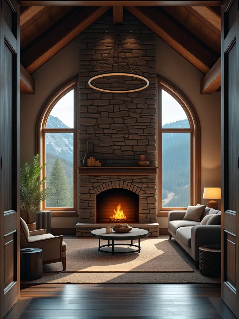 Cozy yet grand rustic living room featuring stone fireplace and mountain vistas
