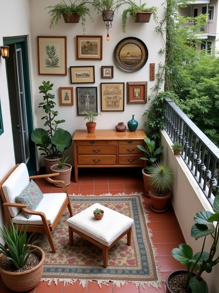 Creatively decorated balcony using affordable secondhand items