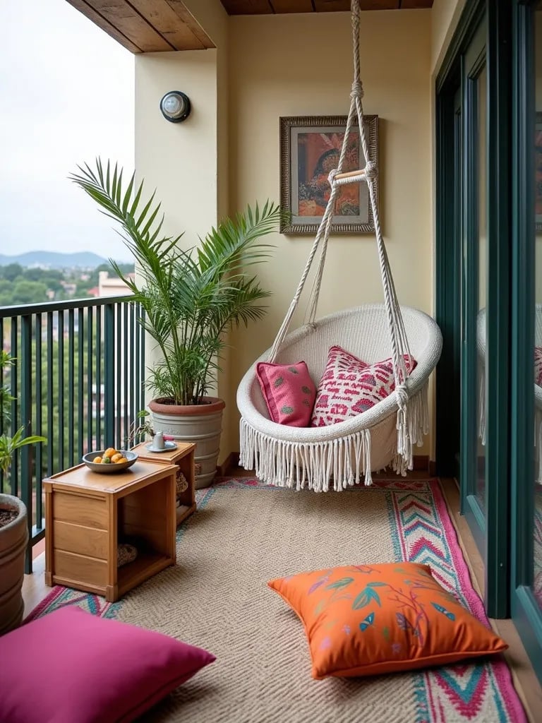 Creatively decorated boho style balcony with handmade elements