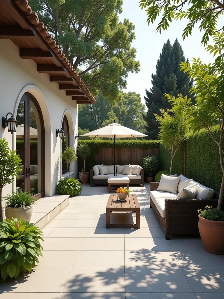 Curved bluestone patio with pergola, sectional seating, and potted citrus trees in dappled sunlight