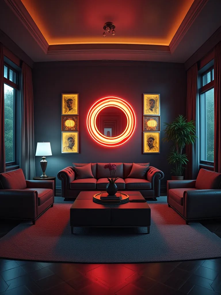 Dark luxury living room with illuminated neon art installations