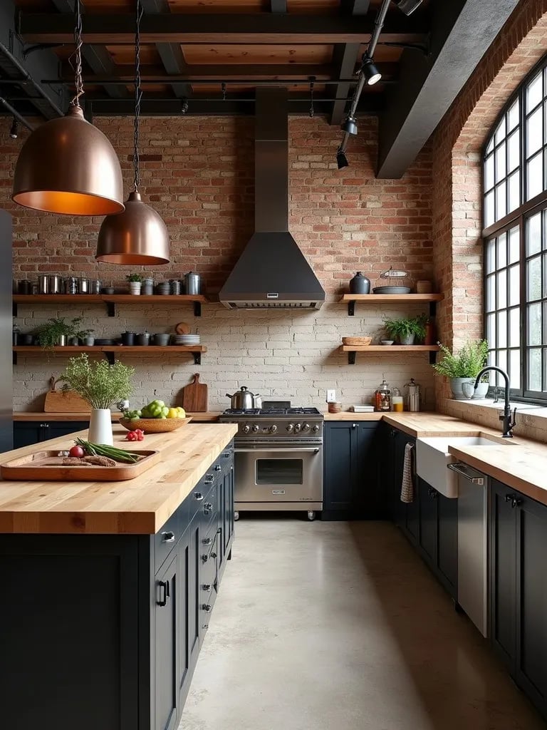 Diagonal view of industrial kitchen with brick wall, metal shelves, and butcher block island