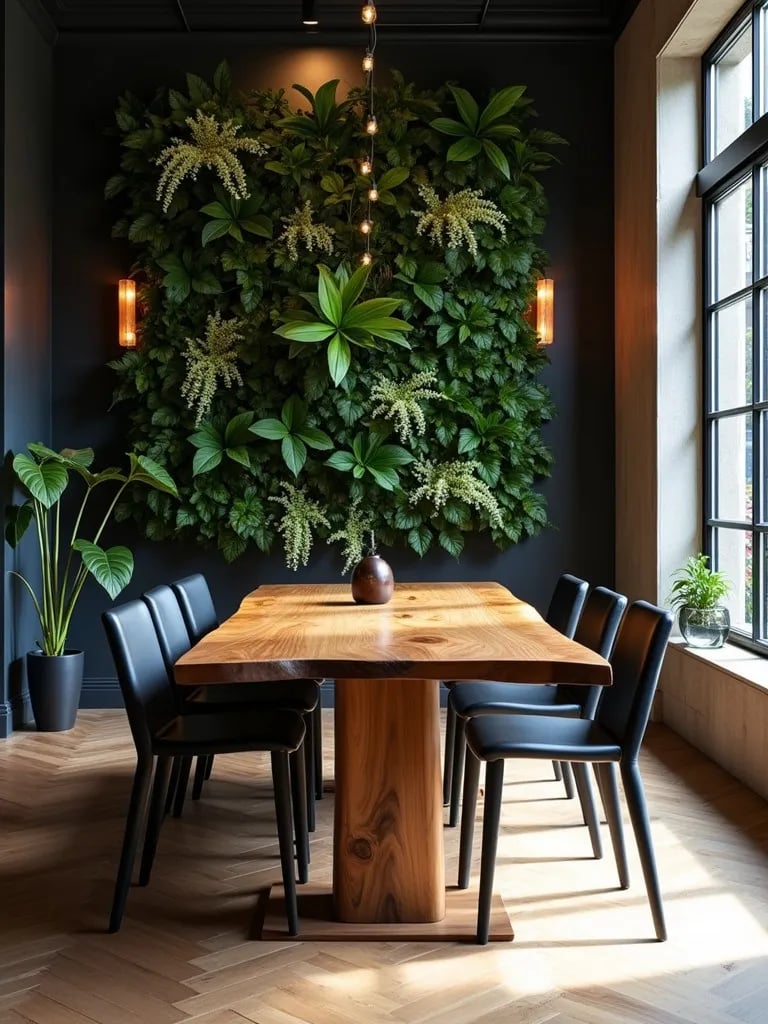 Dining area with live edge wood table and sleek black chairs