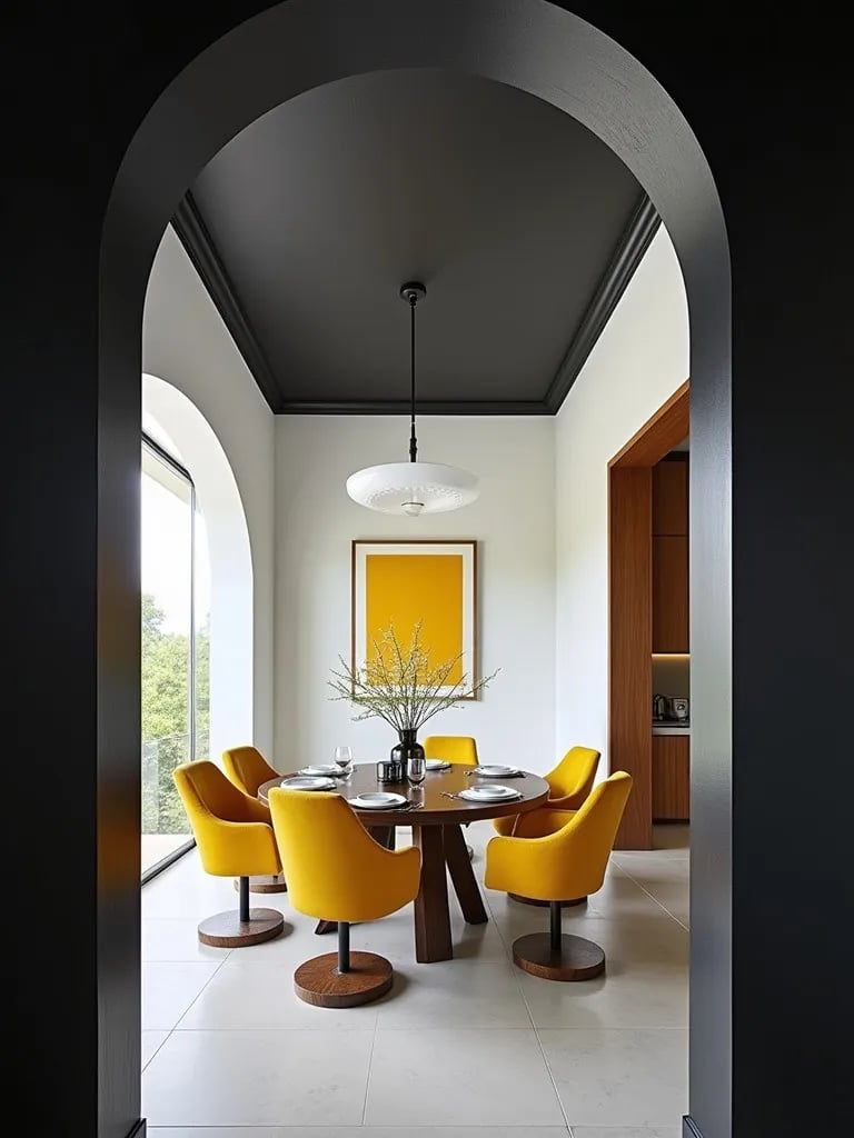 Dining room with black ceiling, white walls, and yellow accent pieces