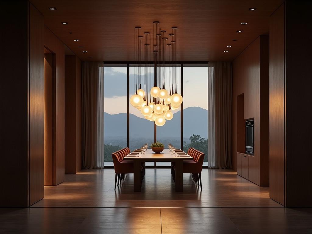 Dining room with row of sculptural pendant lights over long wooden table