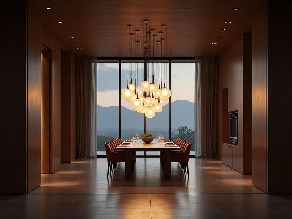 Dining room with row of sculptural pendant lights over long wooden table