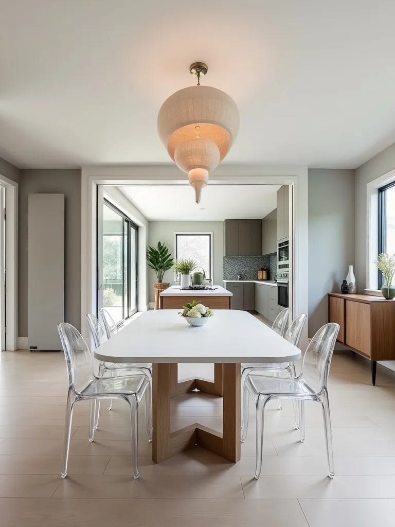 Dining space with sculptural table and transparent ghost chairs