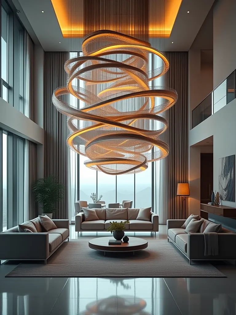 Double height living room with large kinetic art installation in motion