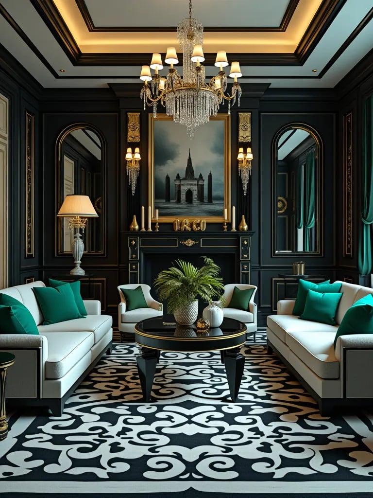 Dramatic Hollywood Regency living room featuring mirrored surfaces and bold contrasts