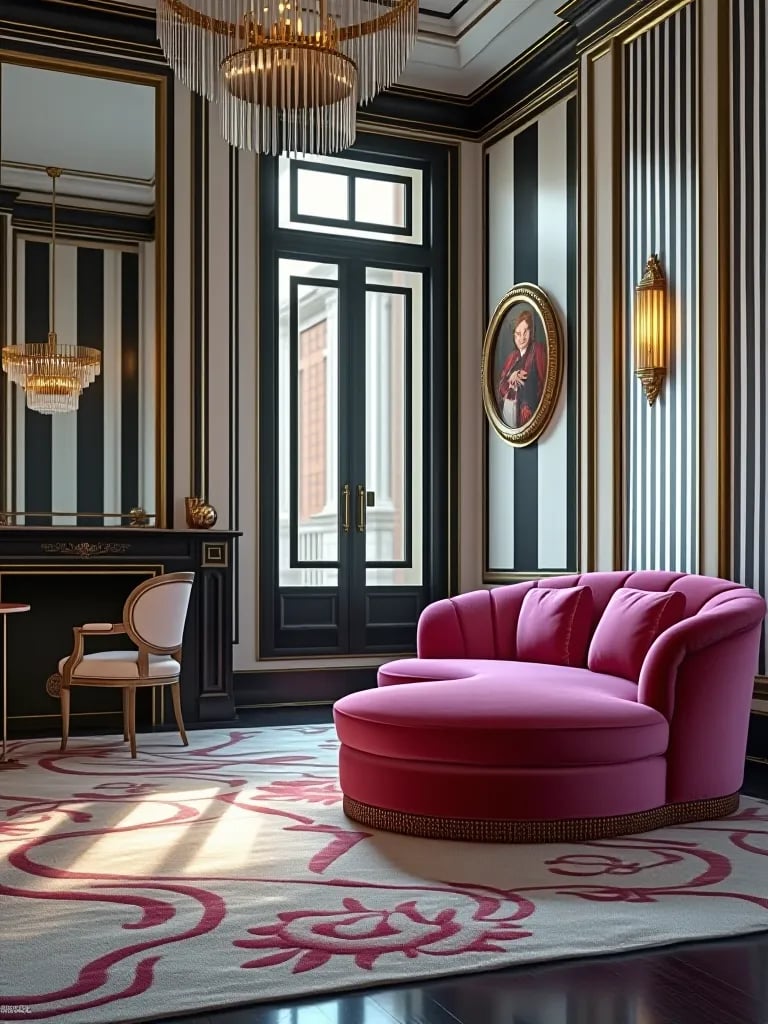 Dramatic living room featuring black and white stripes, brass accents, and velvet chaise