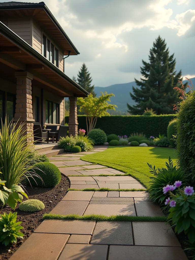 Dramatic sky over patio featuring permeable pavers and rain garden