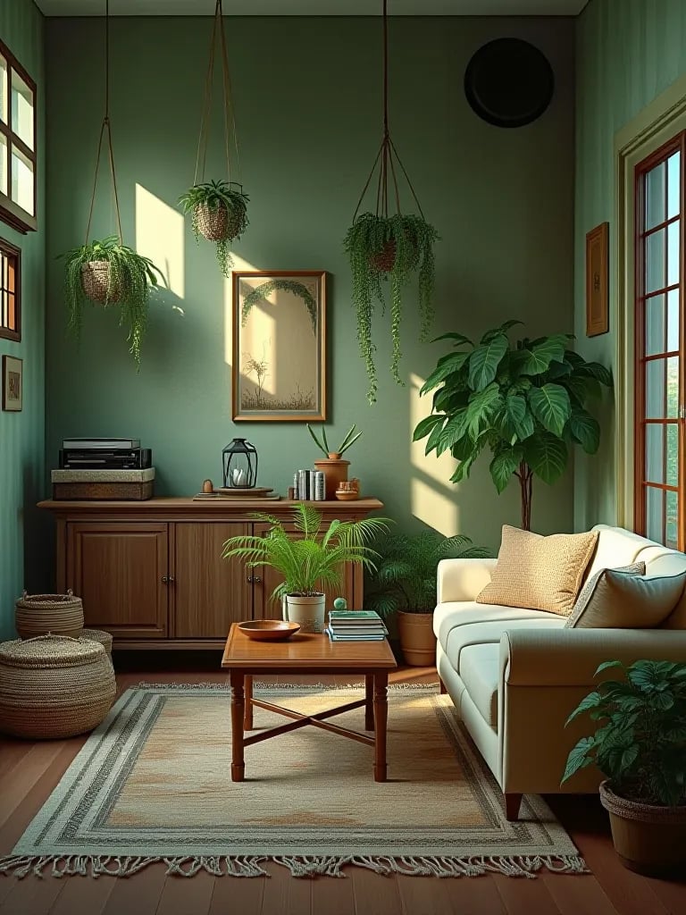 Dramatic small rustic living space featuring bold decor and mixed materials