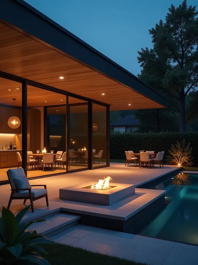 Dramatically lit modern patio with glass walls and sunken fire pit at night