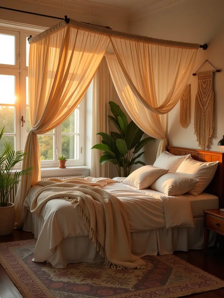 Dreamy bohemian bedroom with canopy bed and sunset glow