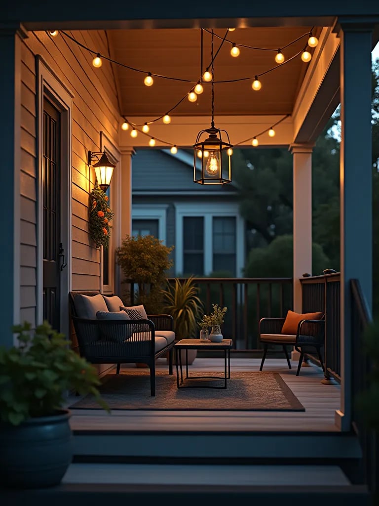 Dusk view of gray porch with modern furniture and warm lighting