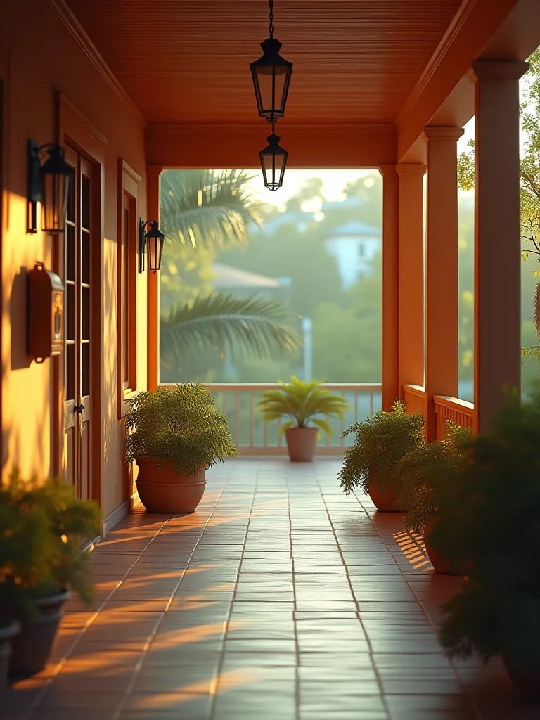 Early evening view of terracotta porch with potted succulents
