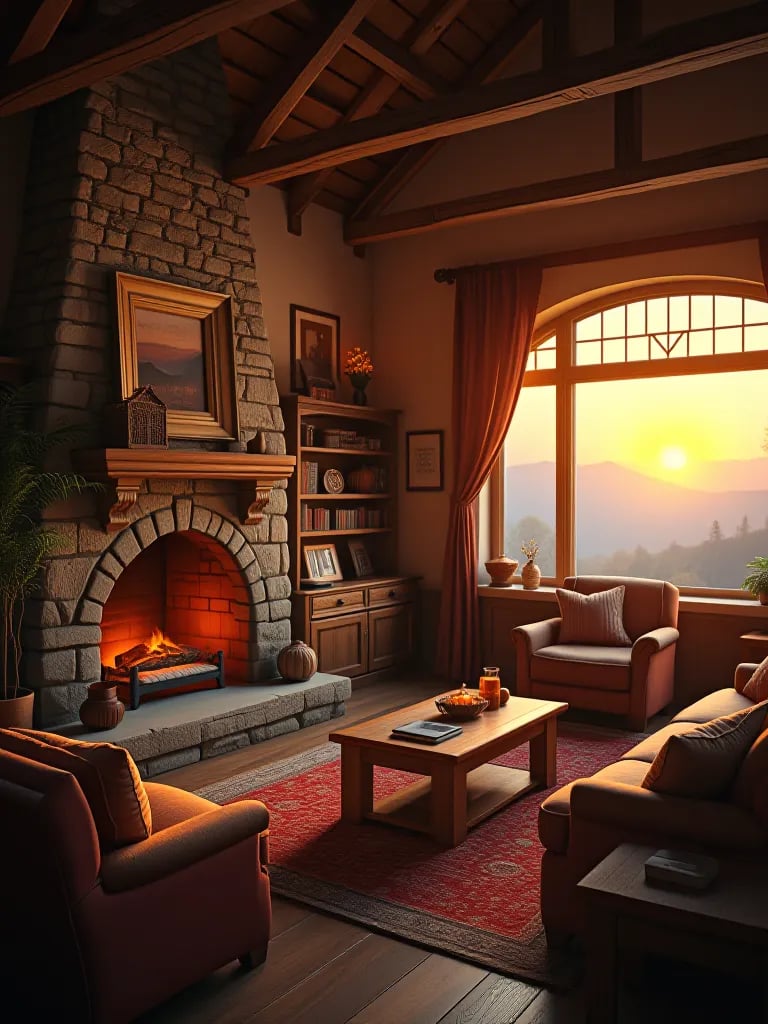 Earth toned rustic living room with natural light and textures