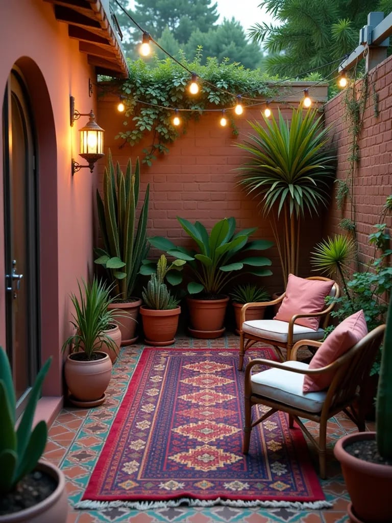 Eclectic backyard patio with colorful rugs, floor cushions, and potted succulents