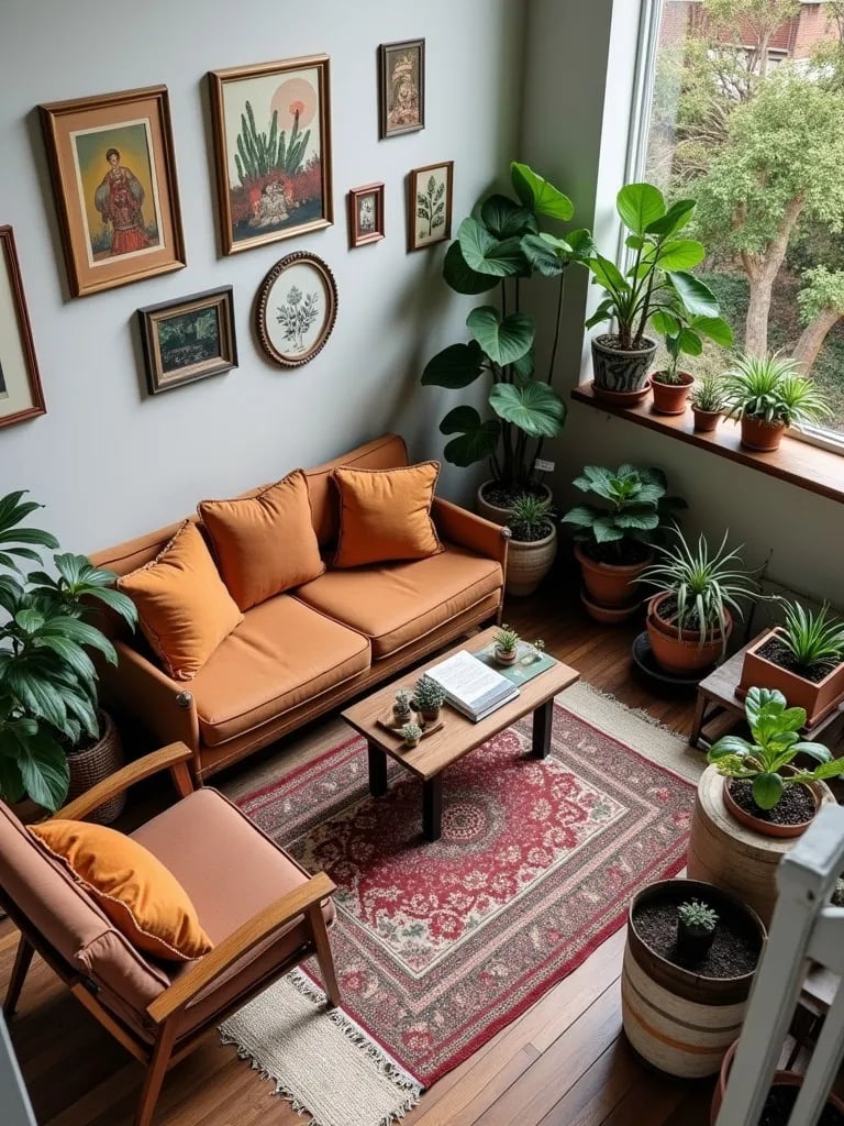 Eclectic balcony with mismatched furniture, art gallery, and succulents