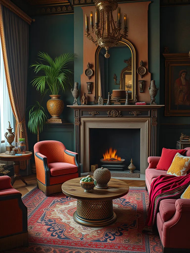 Eclectic bohemian luxury living room with rich colors and global artifacts